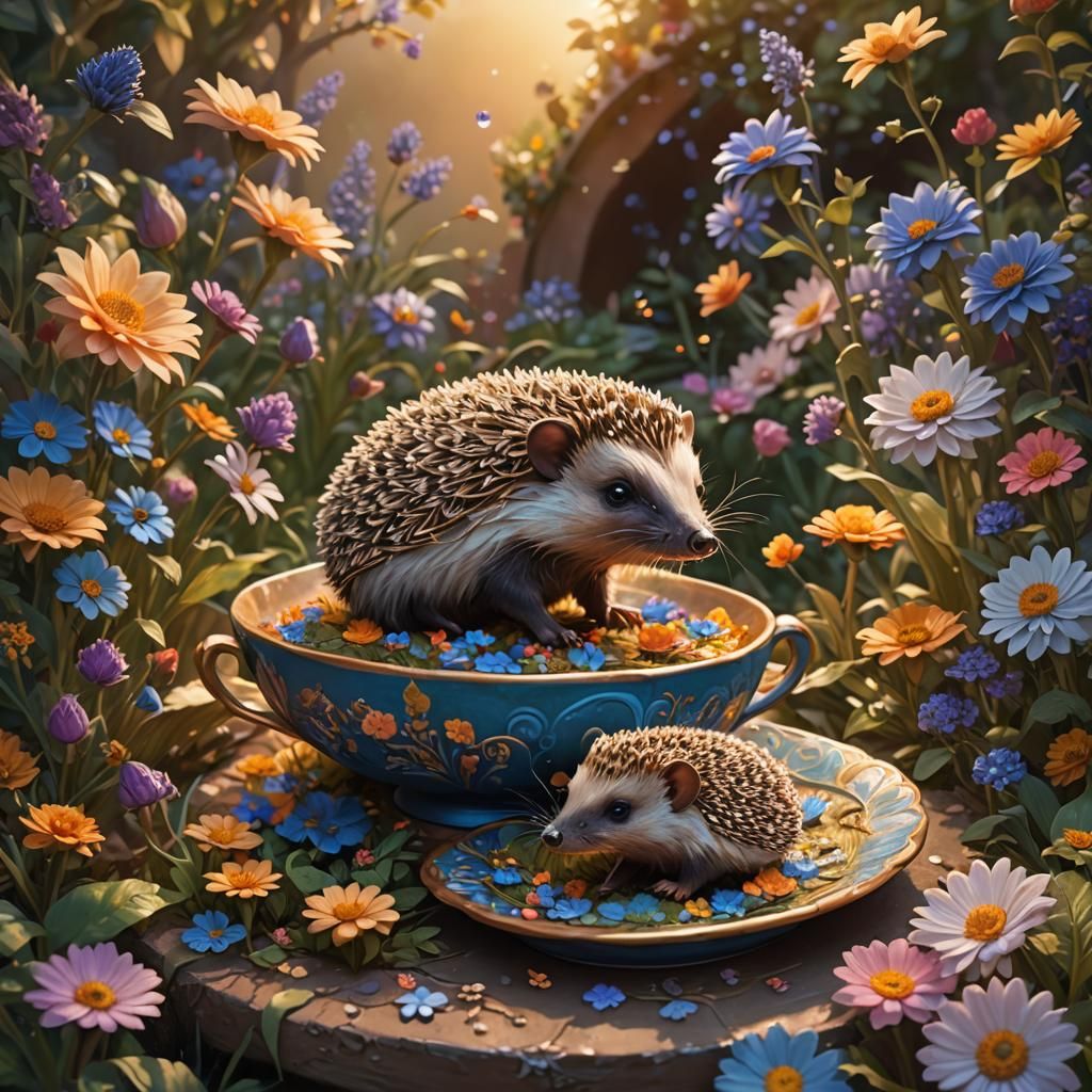 Hedgehog and Mouse Sharing Water in Fantasy Garden