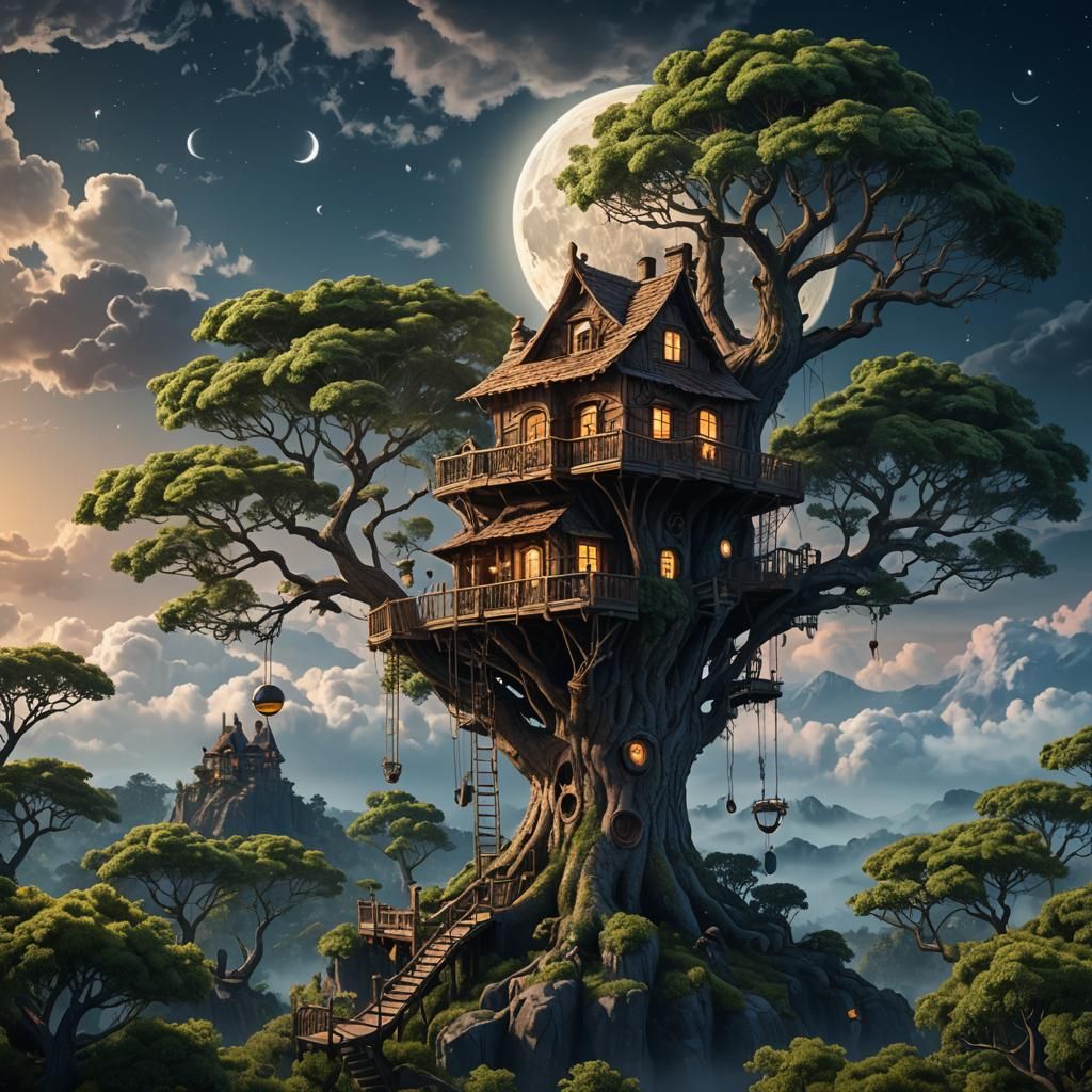 Ethereal Treehouse Floating Among Clouds, Fantasy Concept Ar...