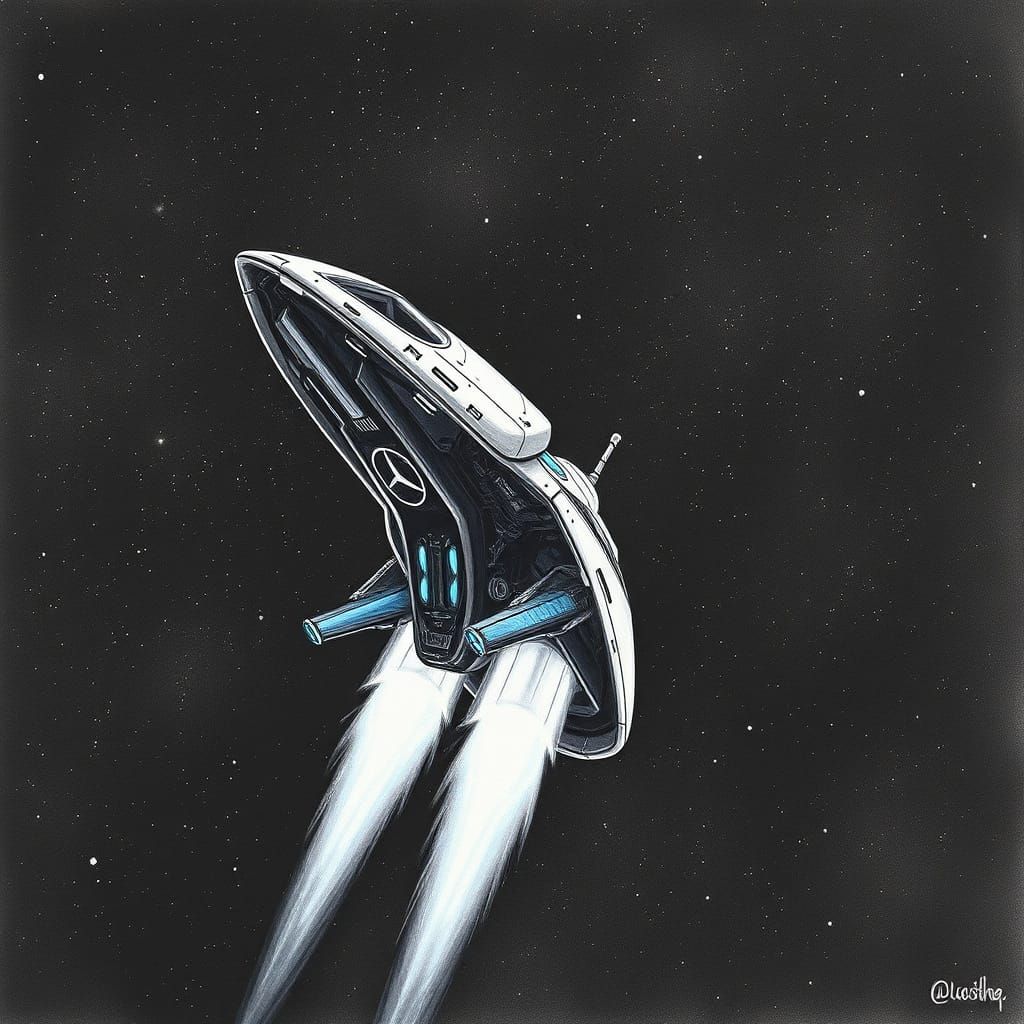 Mercedes Rocket Soars Through Cosmos in Charcoal Drawing