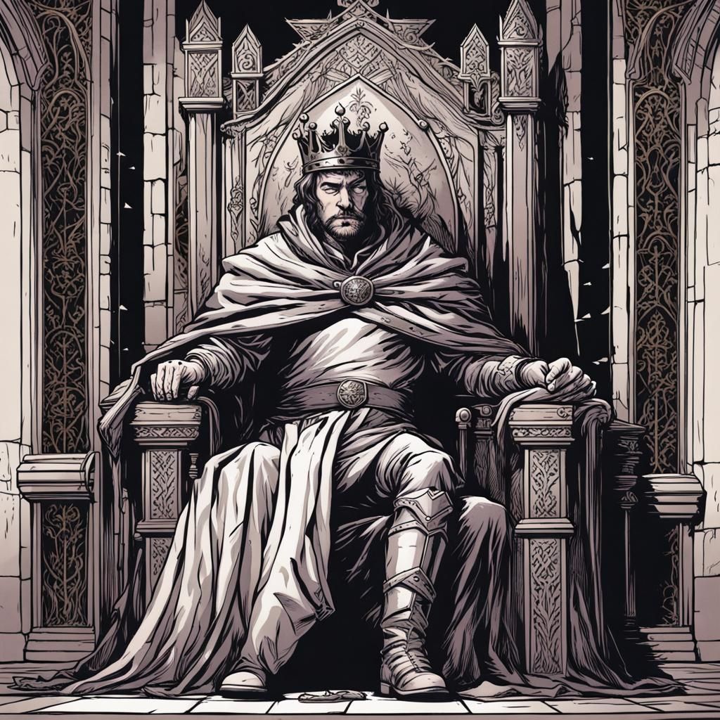 Tired Medieval King on Throne: Comic Book Art