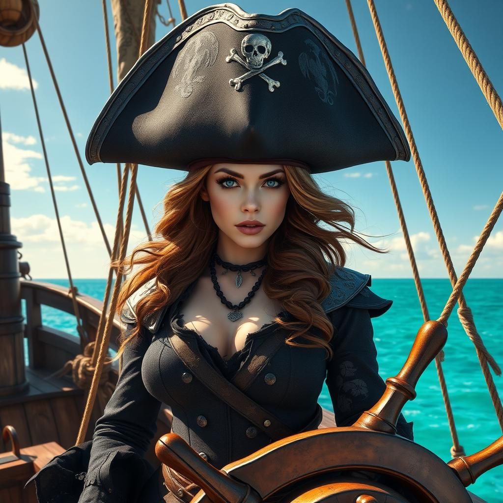 Female Pirate at Helm in Stevenson Style