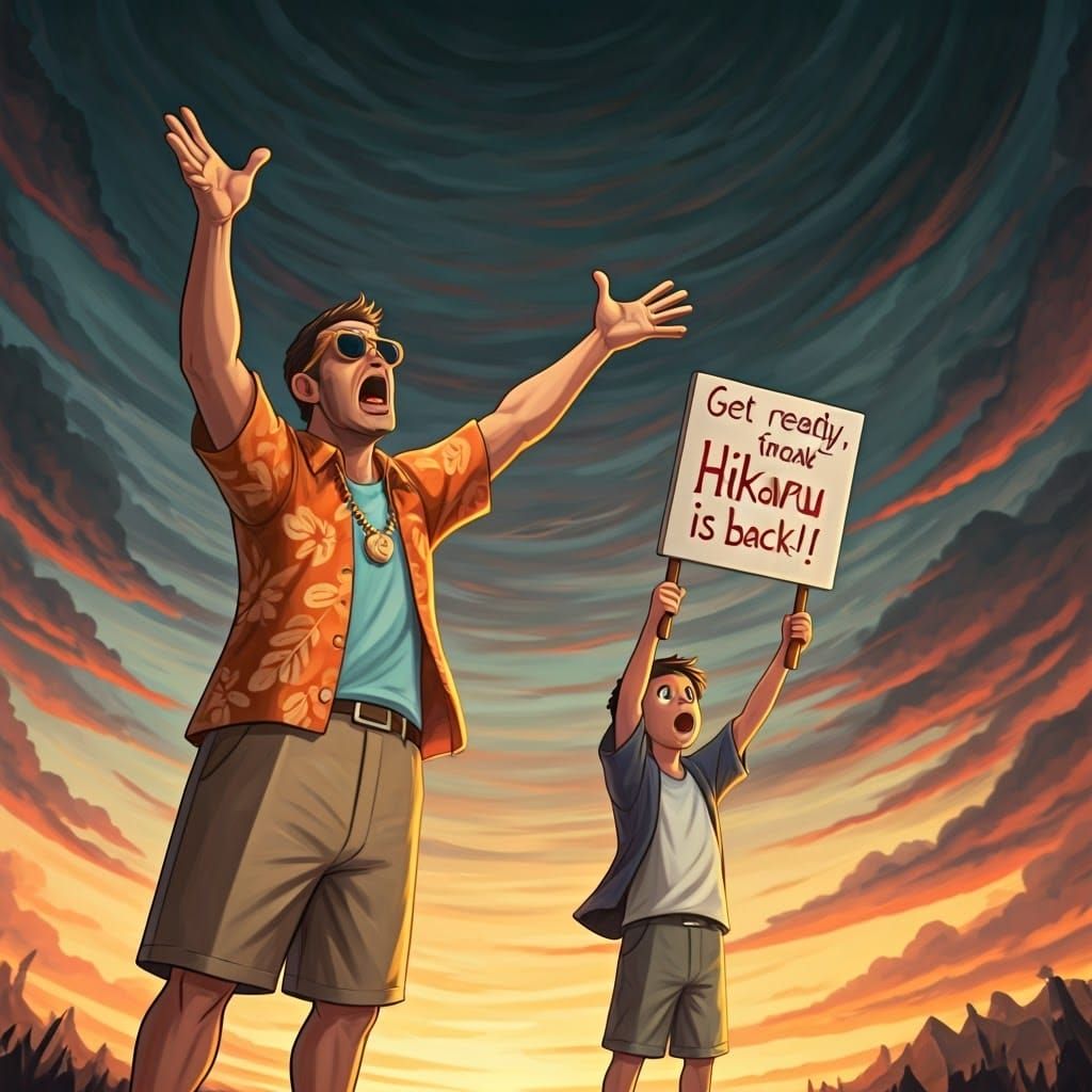 Whimsical Preacher Shouts to the Sky Amidst Chaos and UFOs