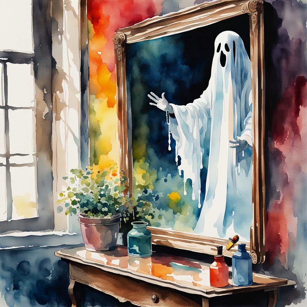 Ghost Reaching Through Mirror in Watercolor Style