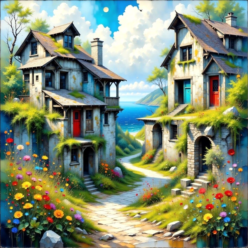 Serene Coastal Scene: Abandoned Beach Houses in Oil Painting...