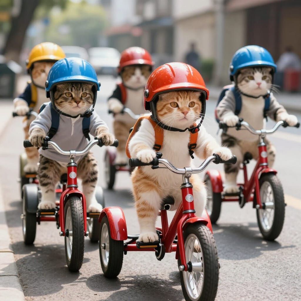 Cats in Helmets Riding Tricycles Down Sunny Street