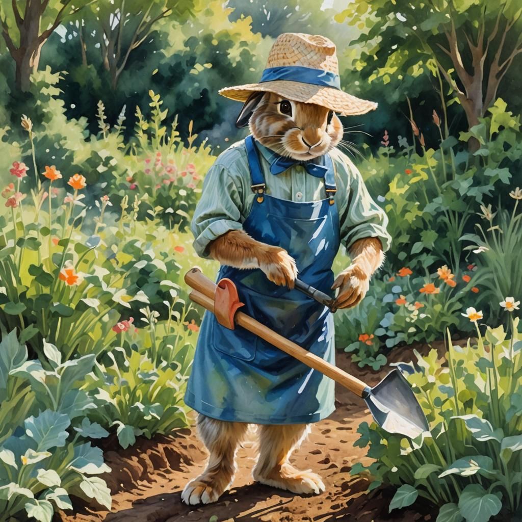 Rabbit Gardening in Carrot Garden as Impressionist Painting