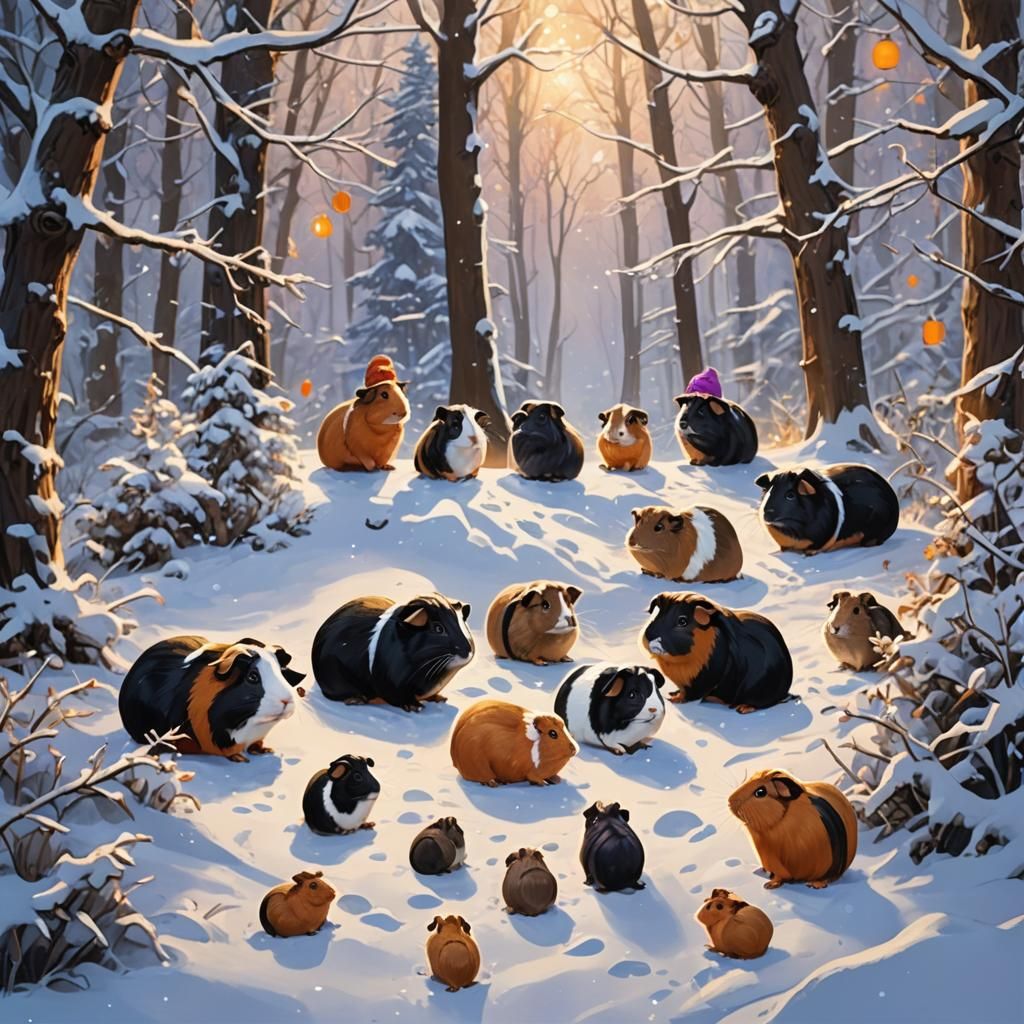Guinea Pigs Play in Winter Wonderland: Fantasy Art