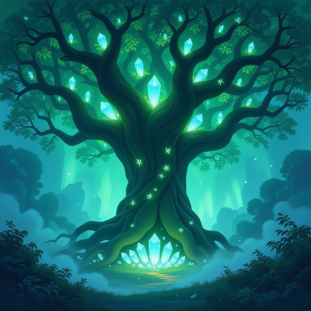 Ancient Bioluminescent Tree in Magical Glade