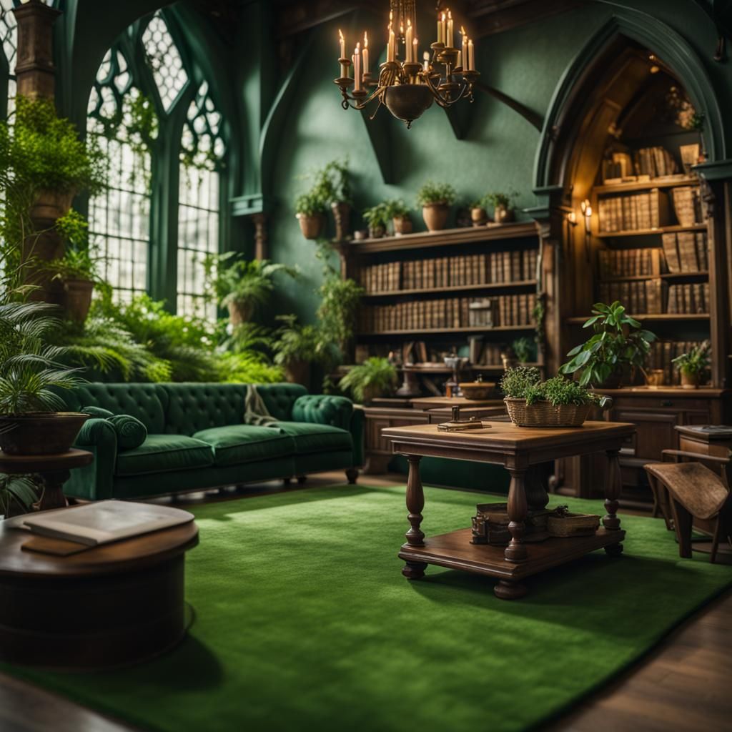 Hyperrealistic Slytherin Common Room with Green Decor