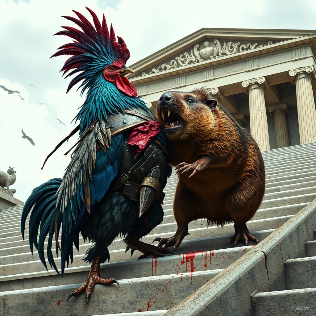 Rooster and Groundhog Battle on Mexico City Parthenon