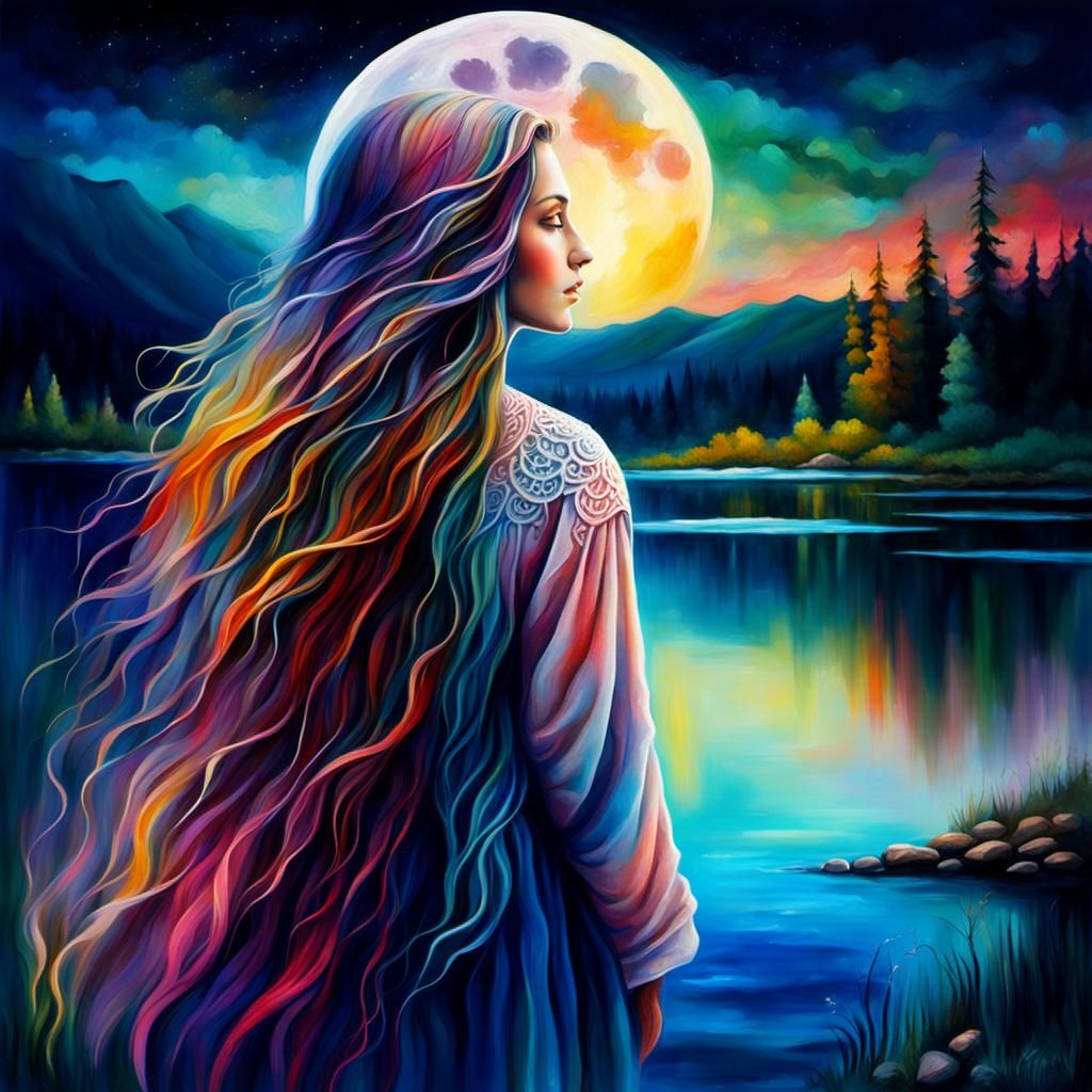 Ethereal Woman by Lake Under Full Moon