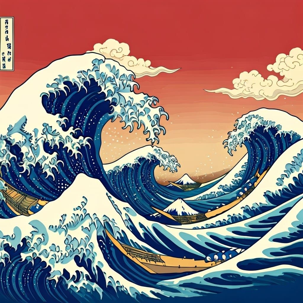 Ocean Waves in Vibrant Blues and Warm Reds