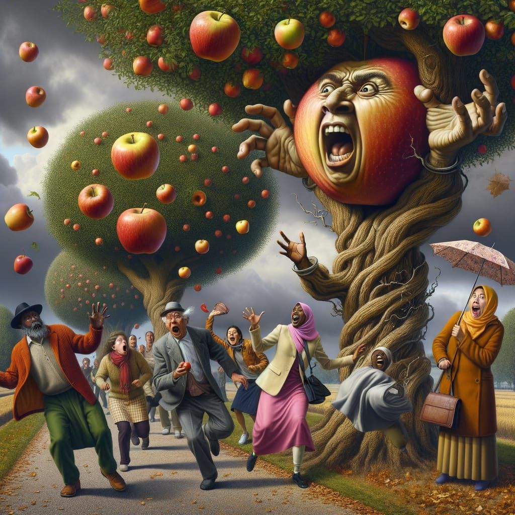 Surreal Apple Trees Attack Crowd
