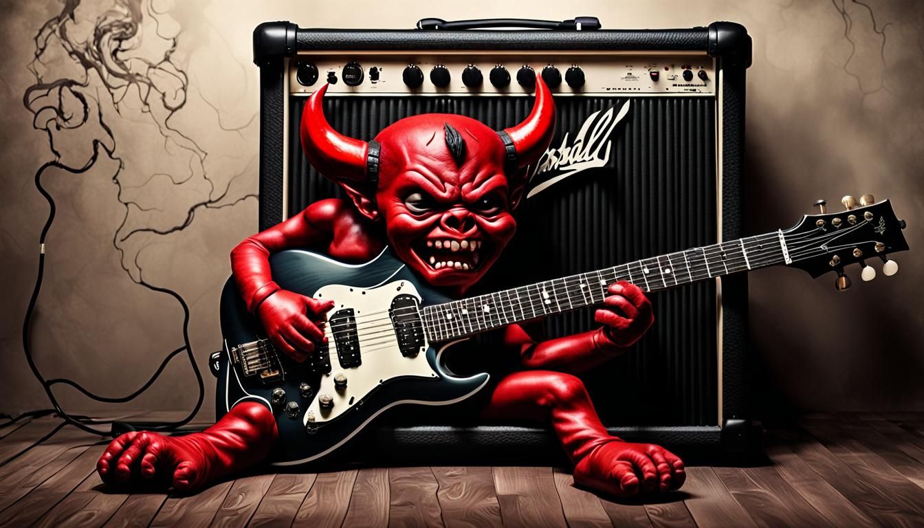 Baby Devil Shreds on Electric Guitar: Digital Art
