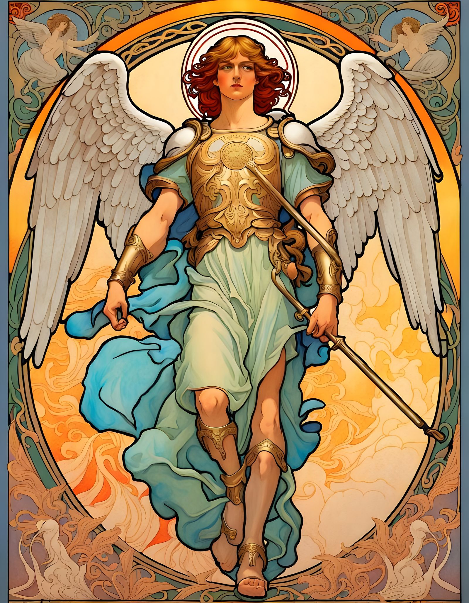 the Archangel Saint Michael, Alphonse Mucha style drawing