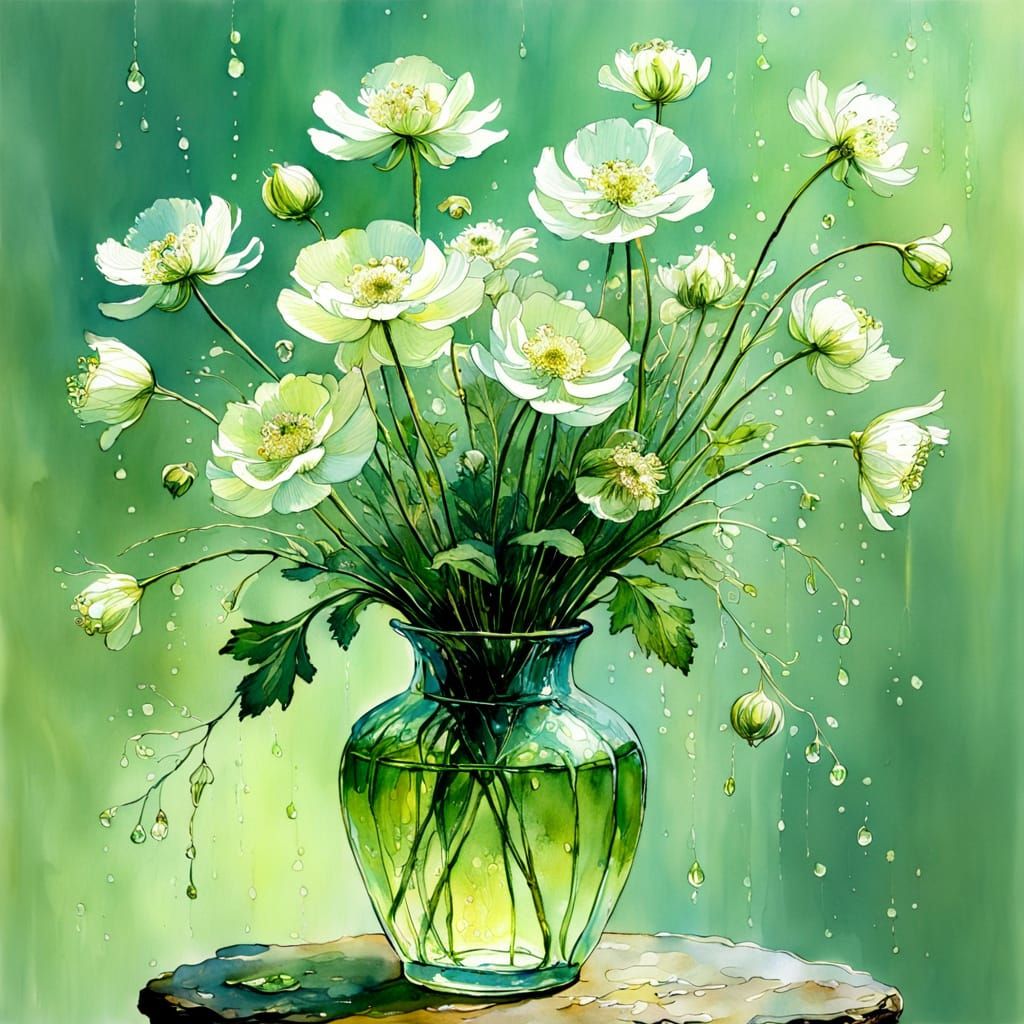 Ink and watercolor illustration, a bunch of white geum flowe...