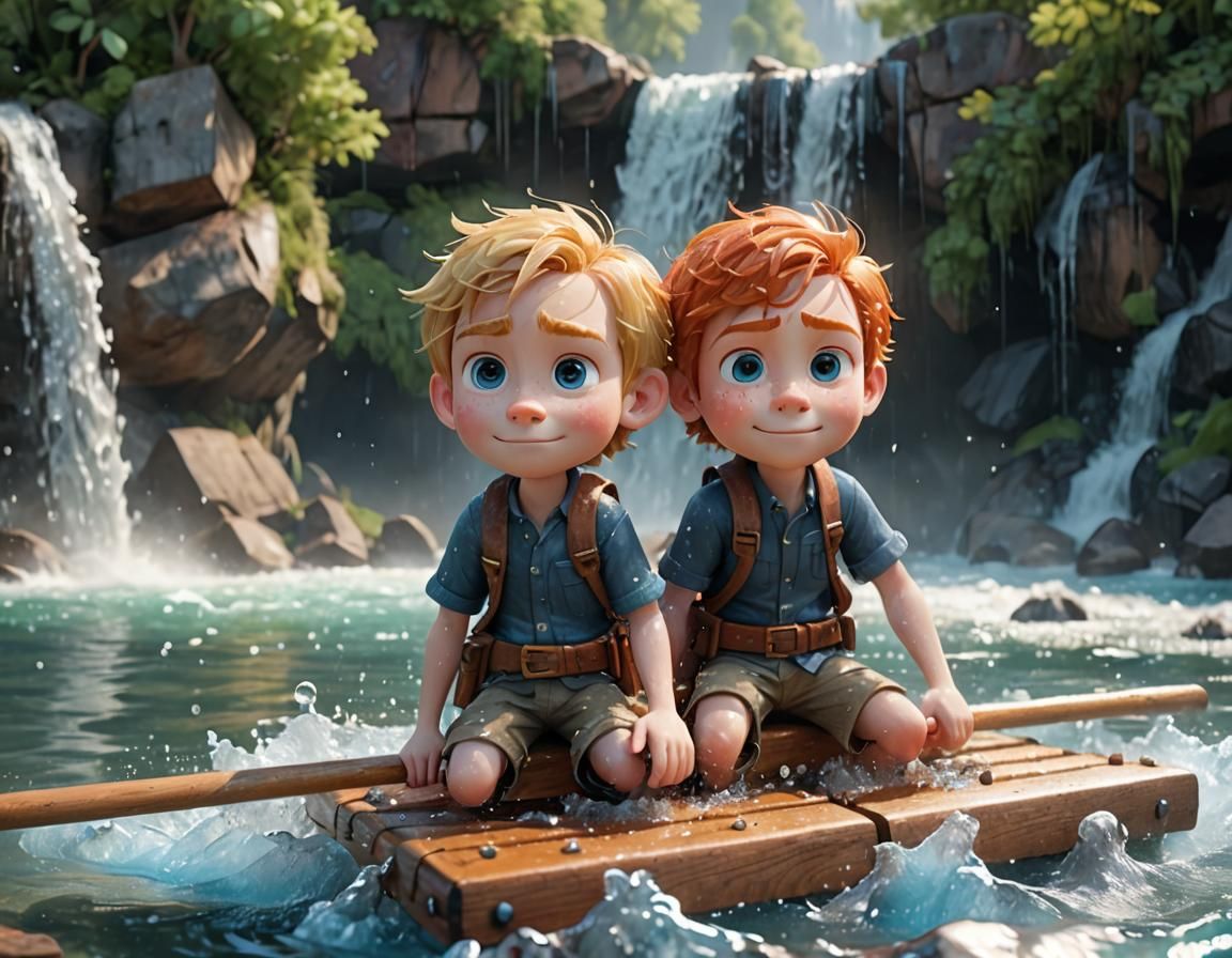 Chibi Boys' Playful River Adventure in Pastel Watercolor