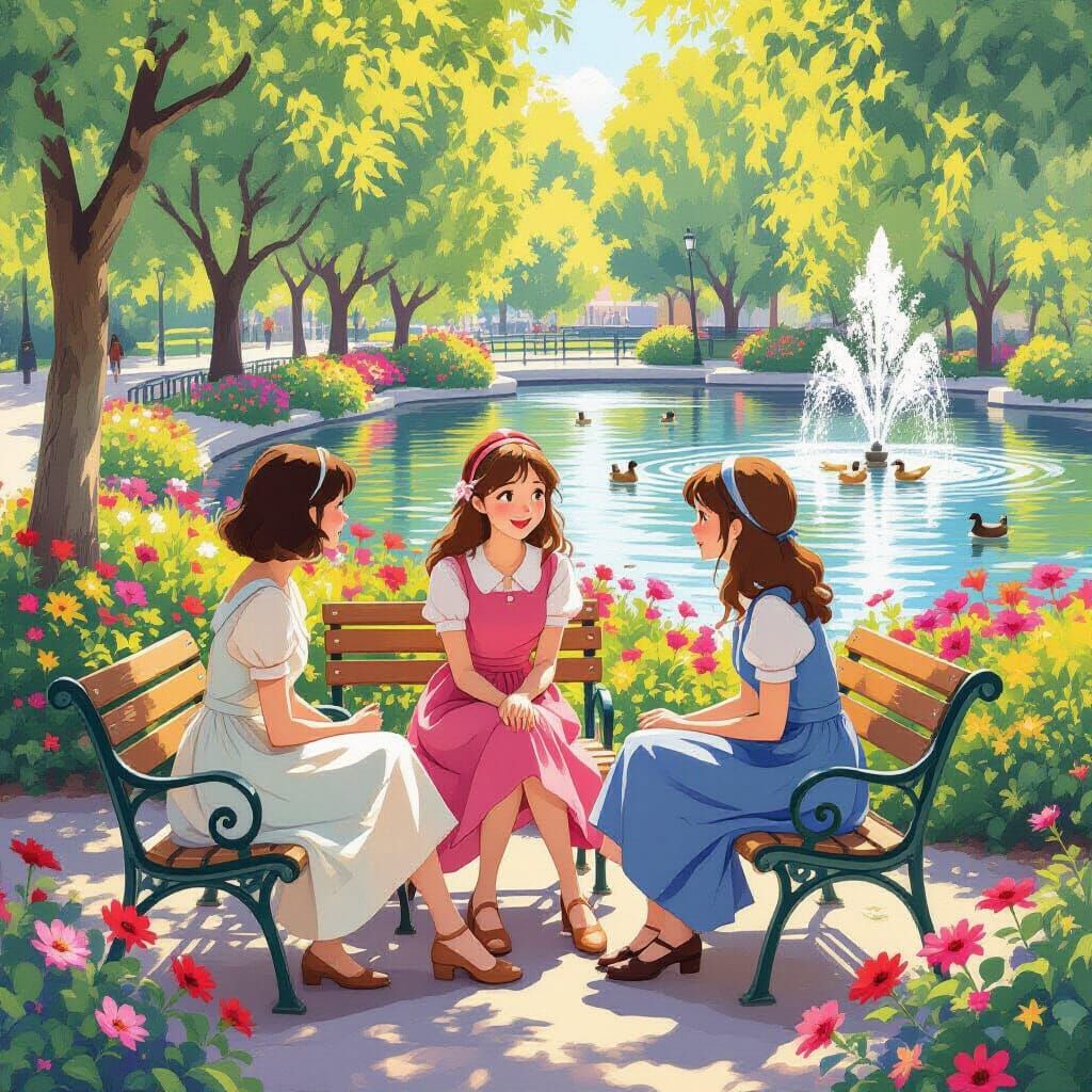 Girl with Friends in Sunny Park, Impressionistic Style