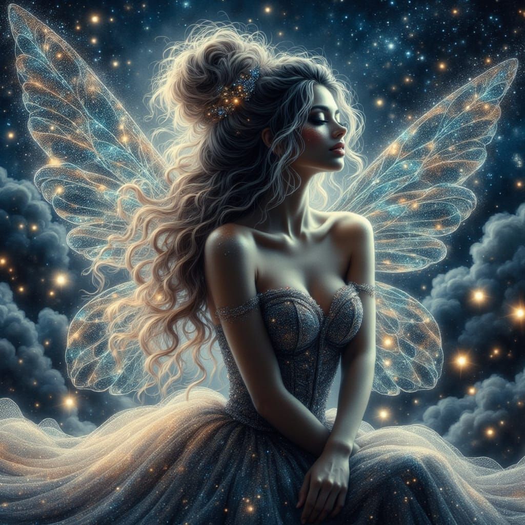 Celestial Goddess with Starlight Hair and Vignette Backgroun...