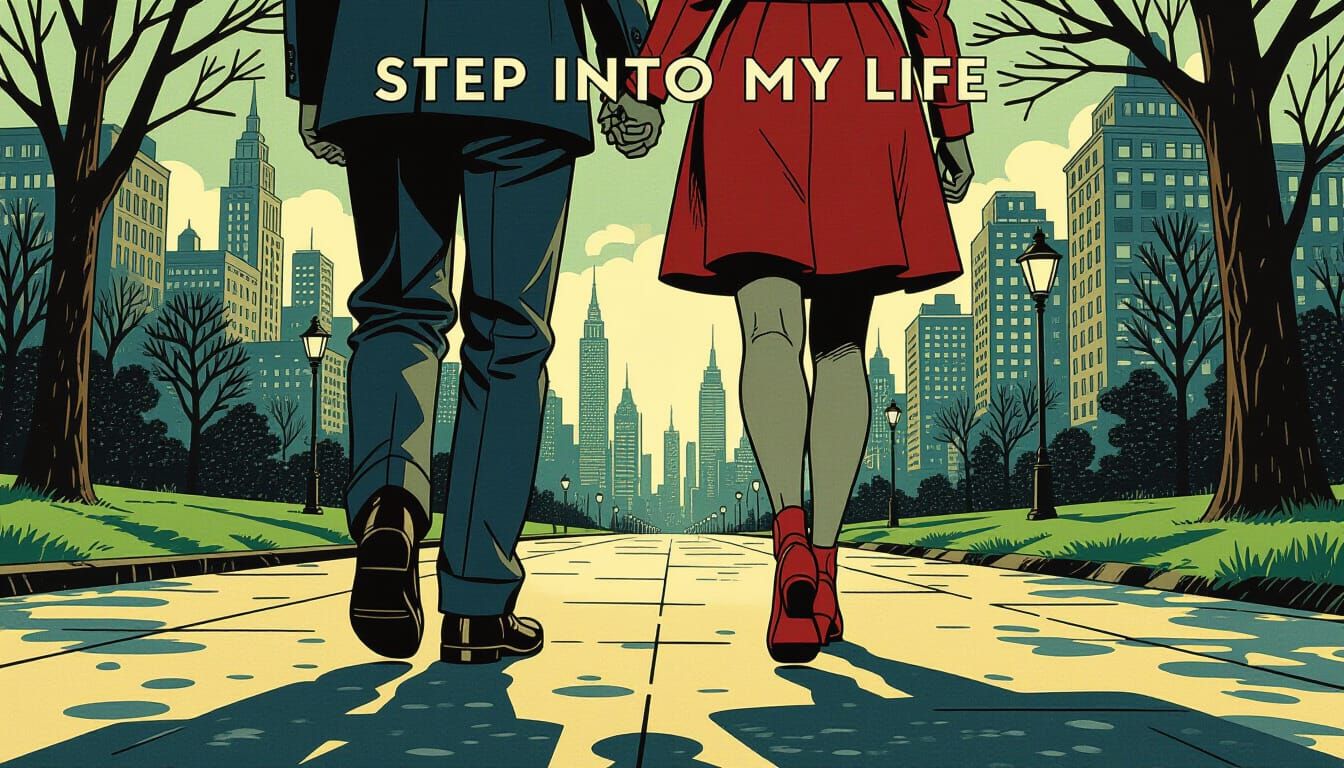 Couple Walking in Moody City Park, Surreal Style