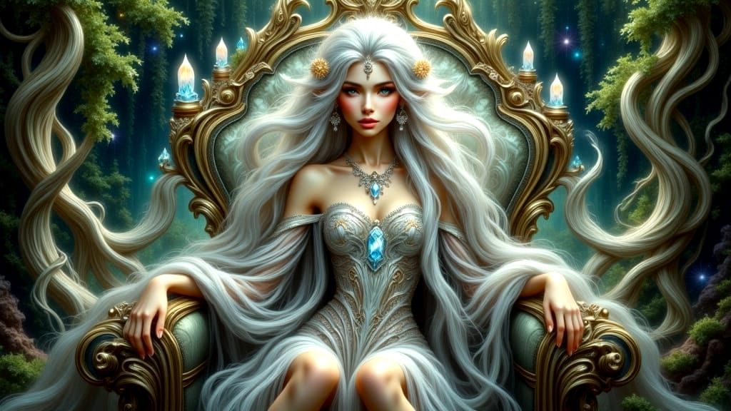 Enchanted Elven Queen on Crystal Throne, Art Nouveau