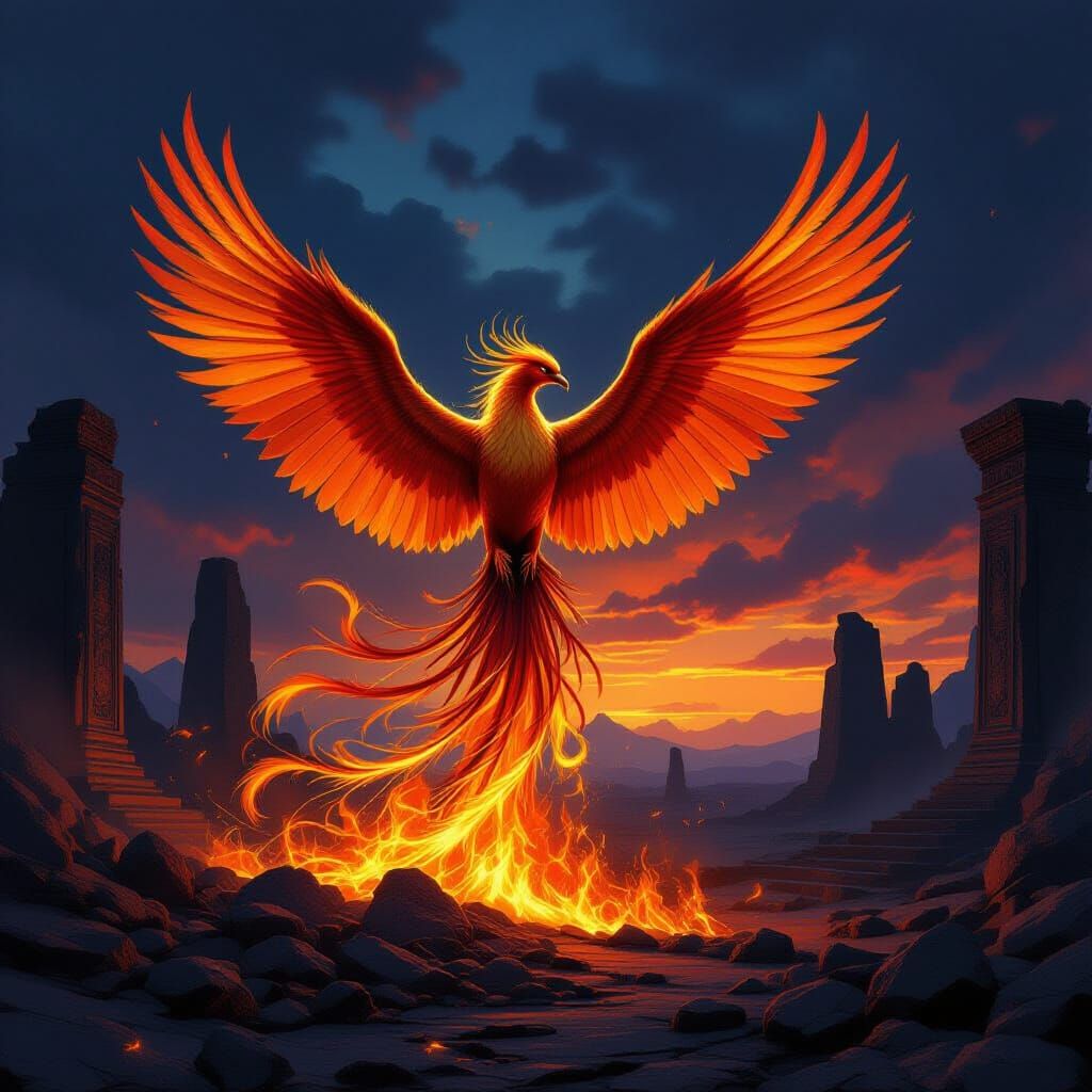 Majestic Phoenix Rises from Ashes in Volcanic Wasteland