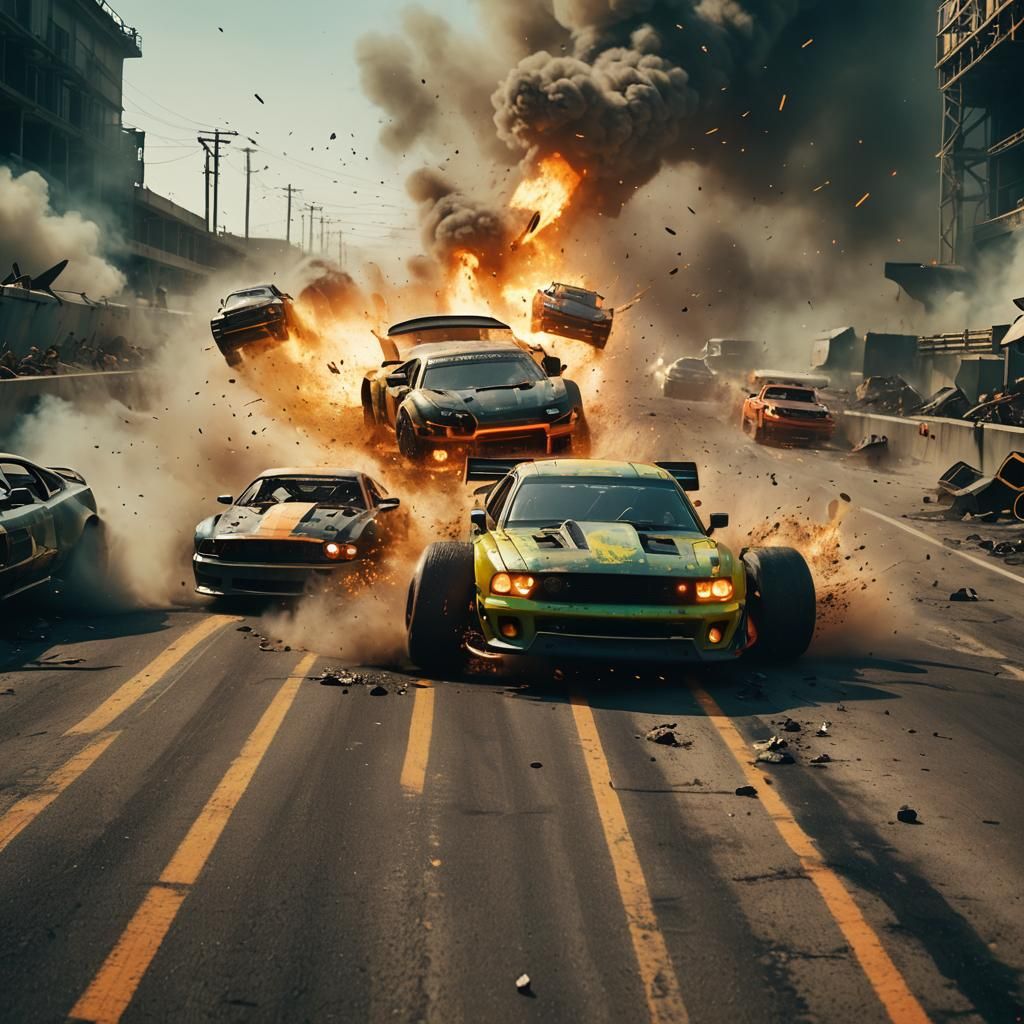 Futuristic Race Cars Crashing: High-Octane Cinematic Scene