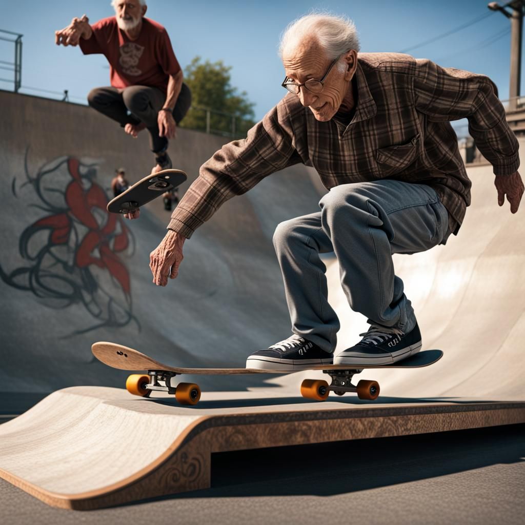 Old People Skateboarding and Doing Tricks