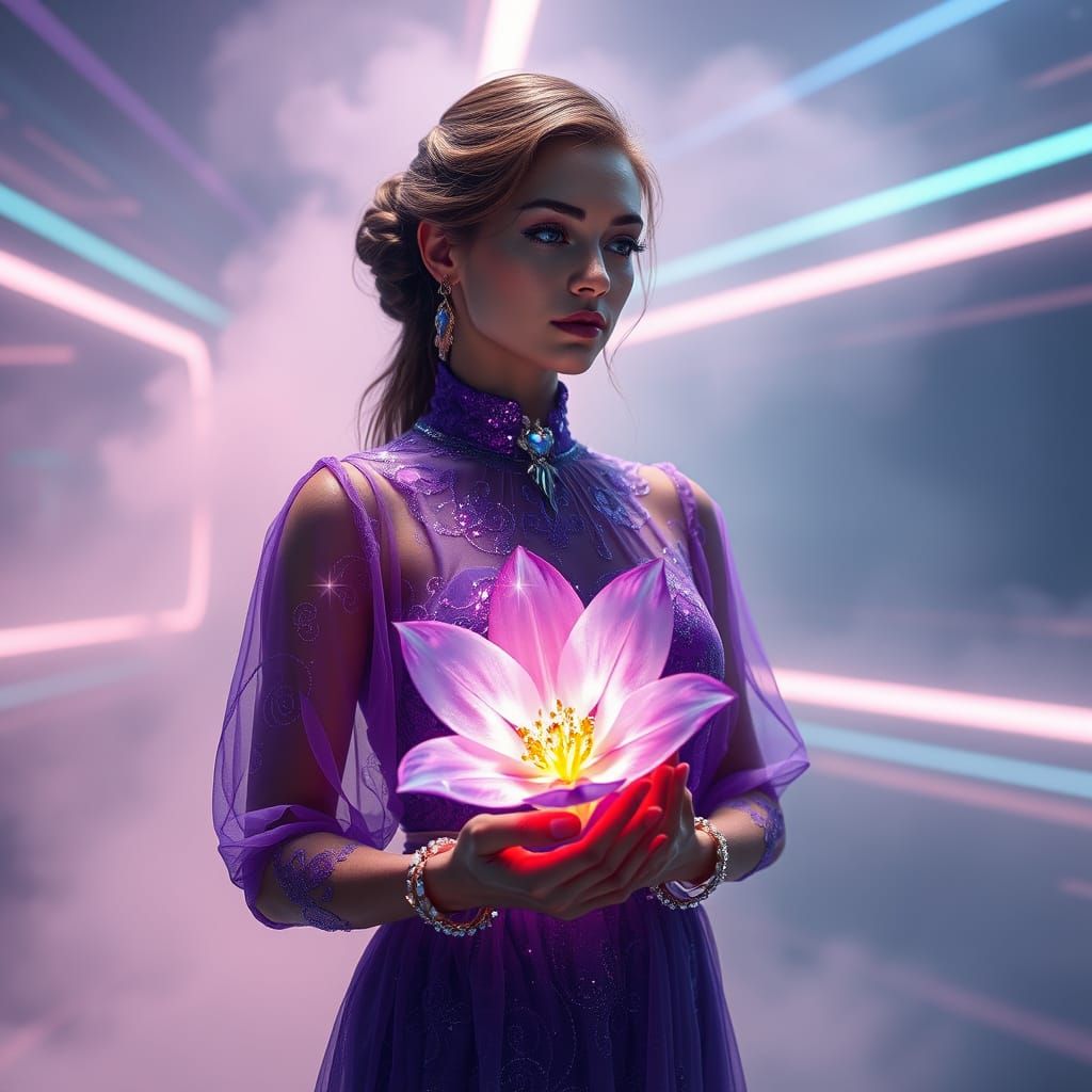 Futuristic Crystal Enchantress in Violet Gown with Glowing F...