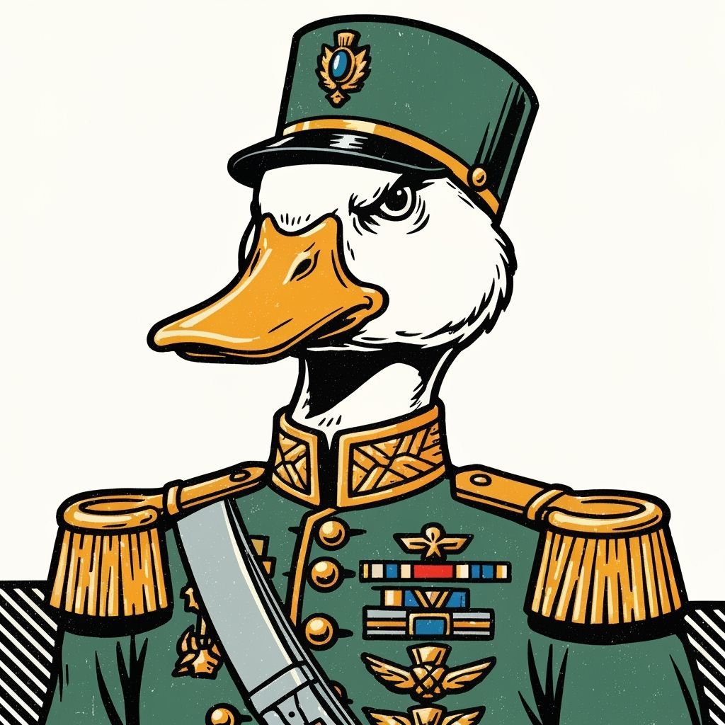 Duck in Military Uniform: Woodcut Pop Art Style