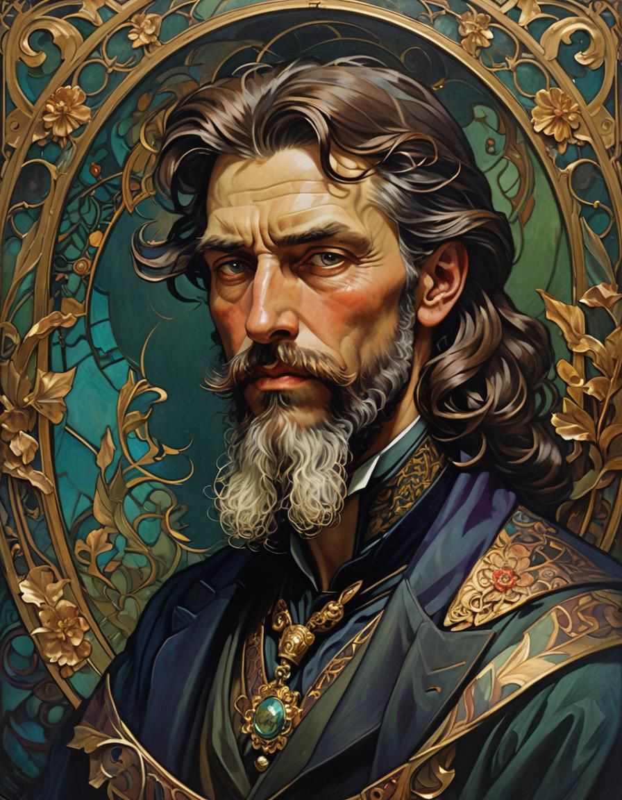 Victorian Man, Alphonse Mucha-Inspired Oil Portrait