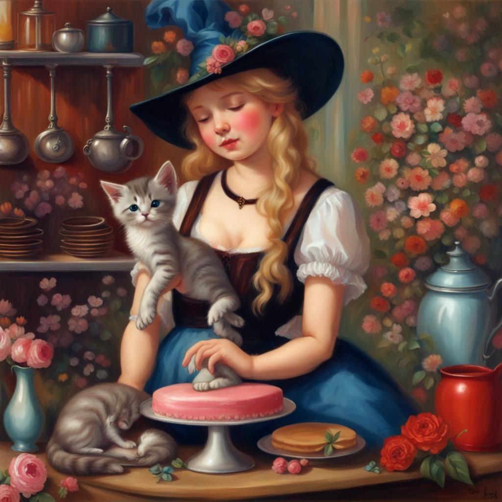 Girl Pets Kitten Sleeping on Cake Stand