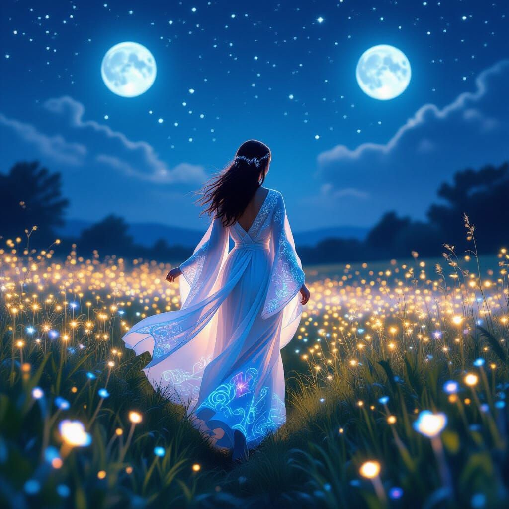 Ethereal Woman in Moonlit Field, Whimsical Style