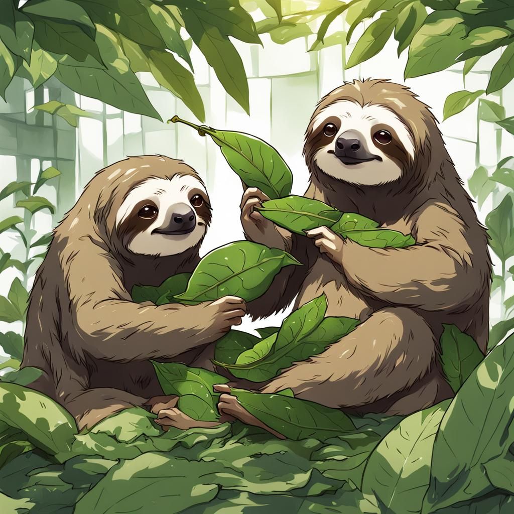 Sloths Eating Leaves in Anime Style