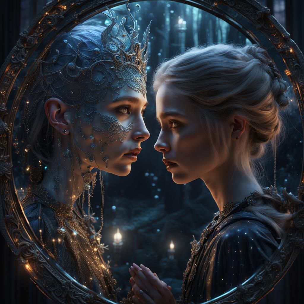 Kind Witch Face Reflected with Fairy, Hyperreal Art