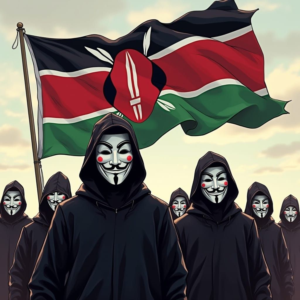 Kenyan Flag with Mysterious Protesters in Bold Urban Style