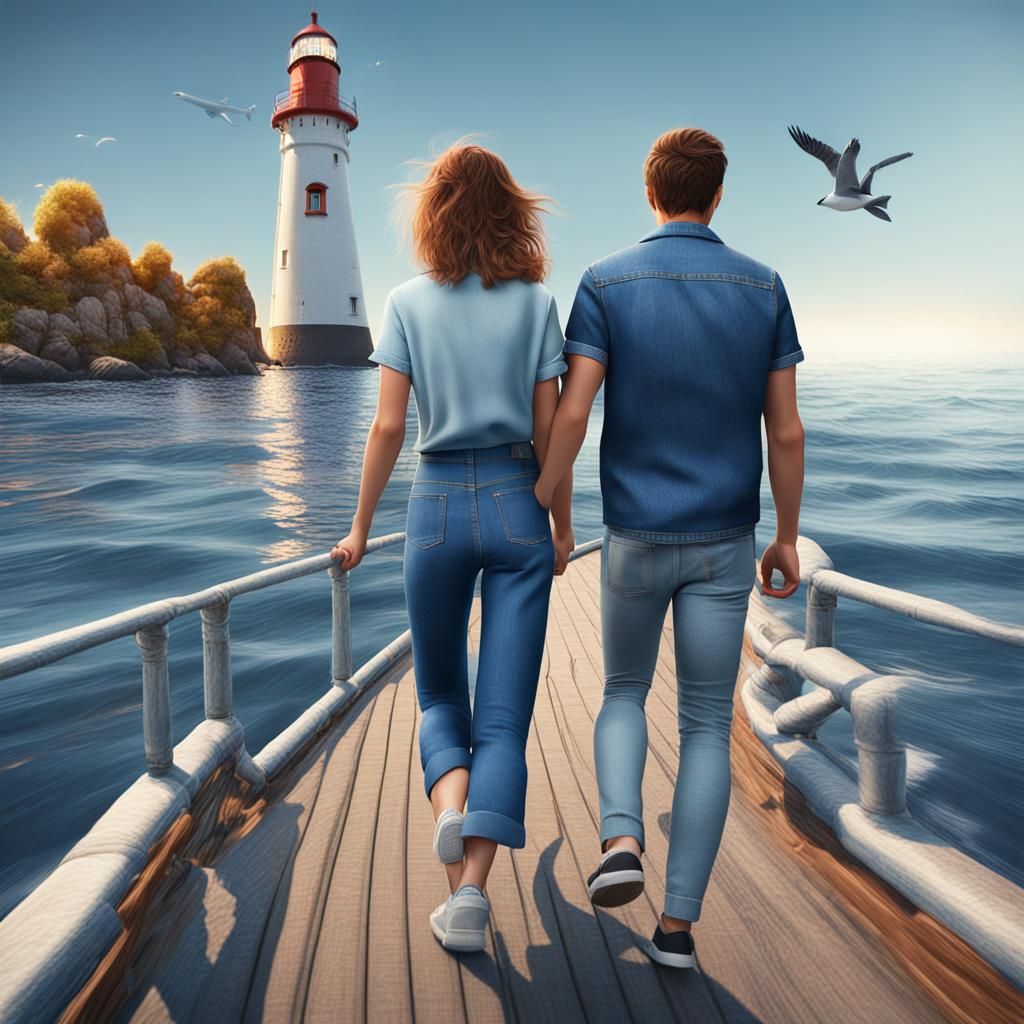 Couple Walks Toward Lighthouse: Pop Art Digital Render