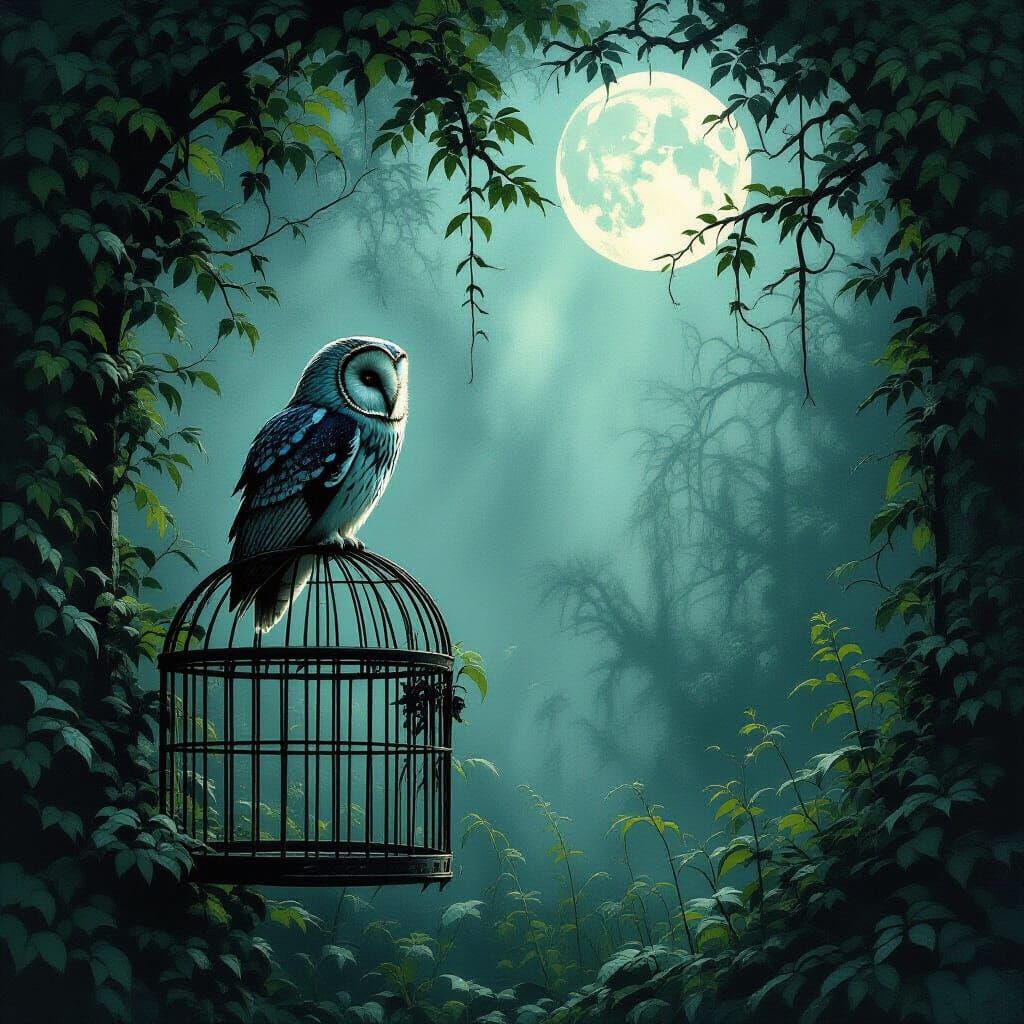 Ancient Owl in Overgrown Cage Under Moonlight