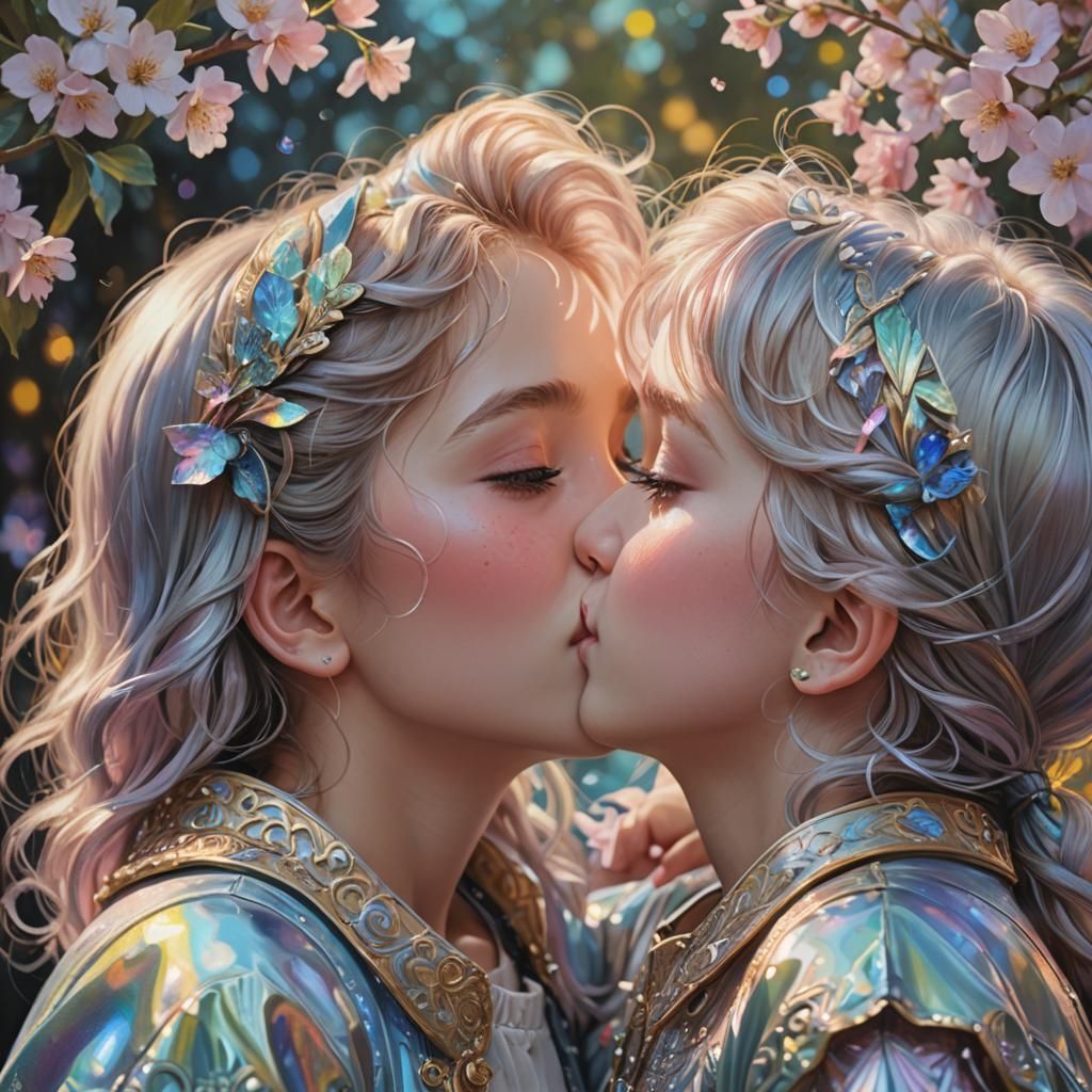 Sweet First Kiss in Pastel Photorealism