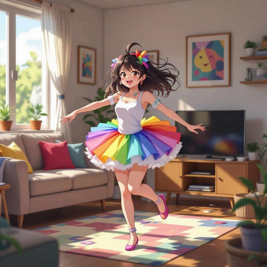 Young Woman Dancing in Rainbow Tutu: Anime Art