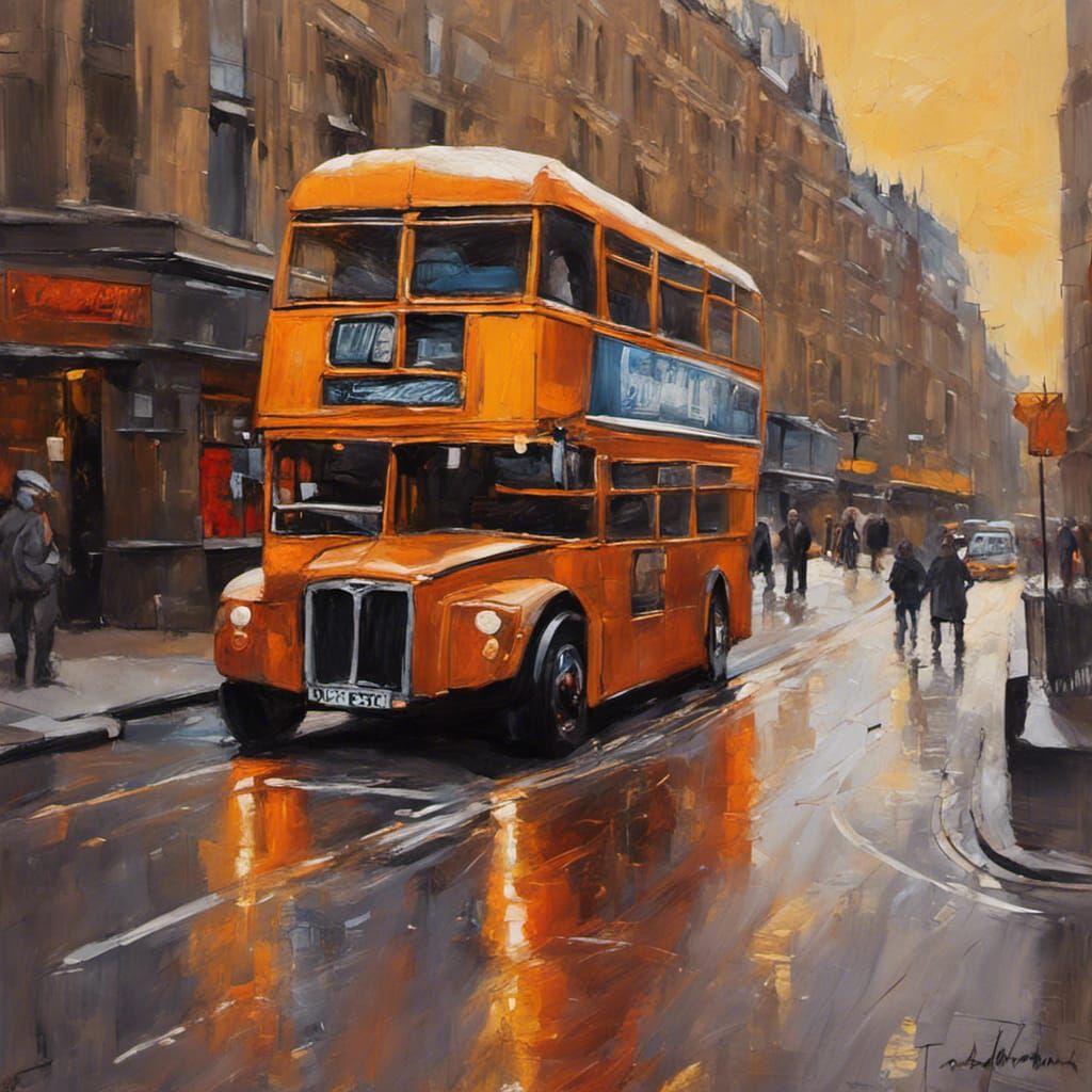London Street Scene with Tour Bus as Oil Painting