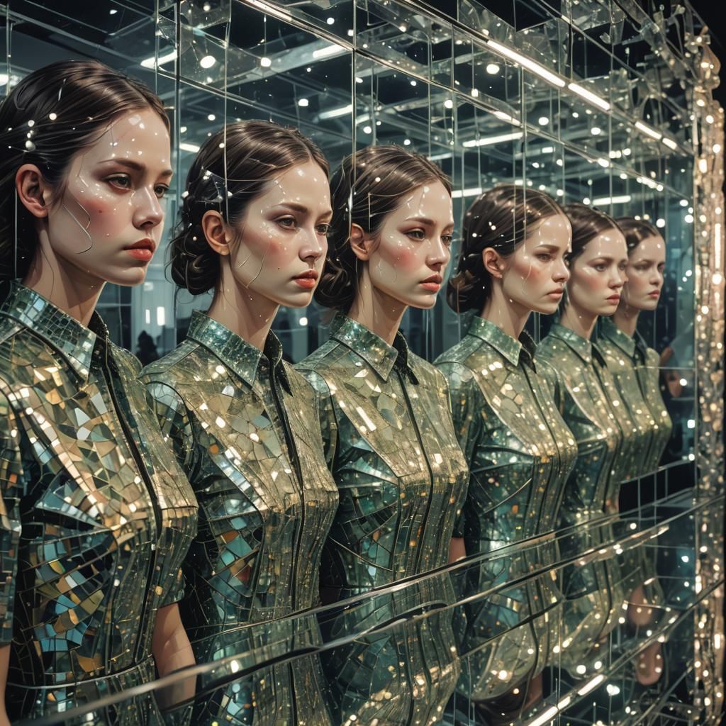 Surreal Women Reflected in Geometric Abstract Neon Art