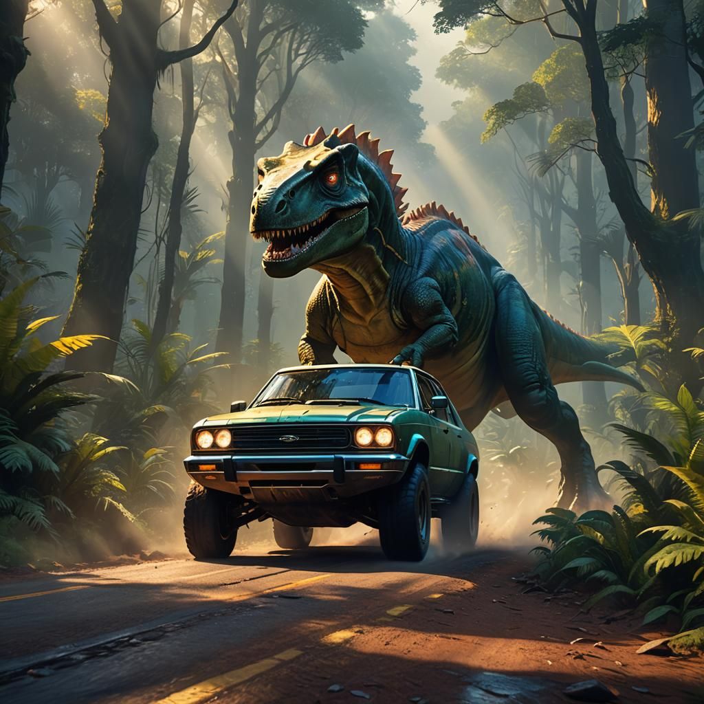 Dinosaur Car Speeds Through Mystical Forest