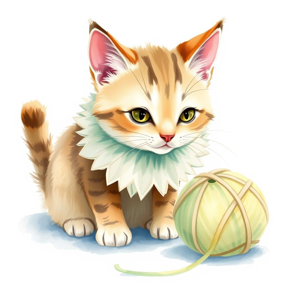 Cat Plays with Yarn in Watercolor Style