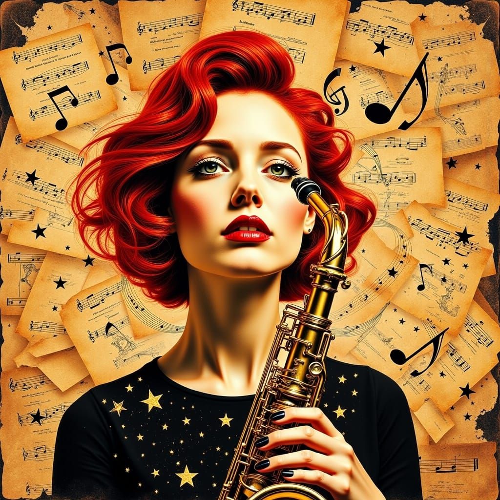 Saxophone Player in Art Nouveau Collage Style