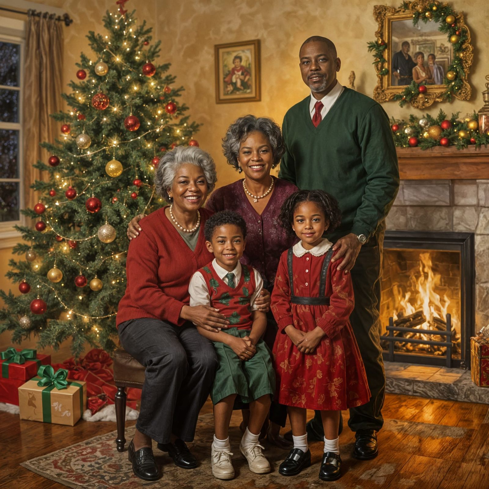 African American Family Christmas Portrait Oil Painting