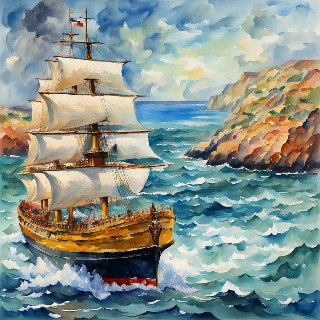Sailing Ships in Gouache Watercolor Style