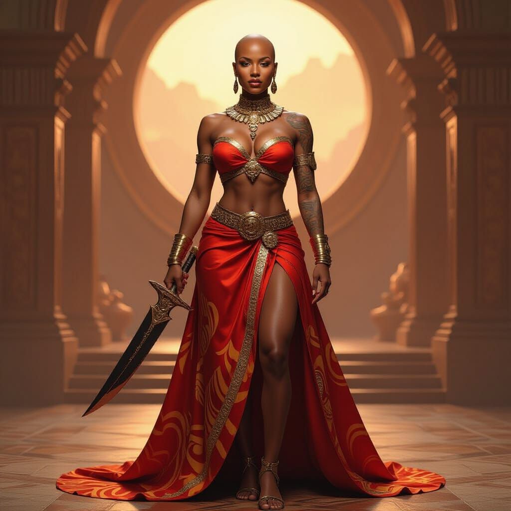 Bold Woman with Knife in Dreamlike Digital Painting