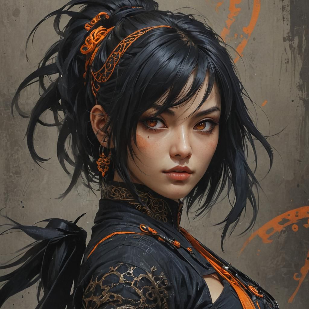 Ninja Girl Portrait in Grunge Art Style