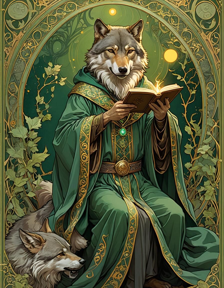 Art Nouveau Wolf Wizard Tarot Card